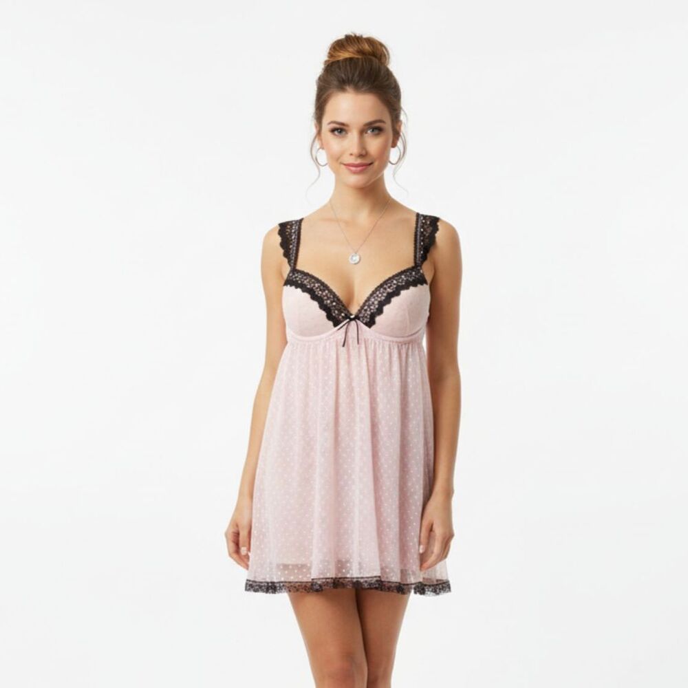 Cinema Etole Pink & Black Contour Cup Sheer Lace Sleep Dress Nightie L